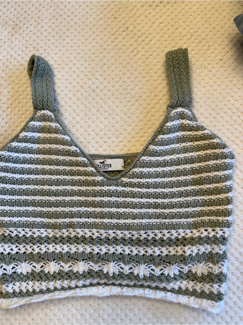 Hollister Olive Green & White Crocheted Striped V-Neck Camisole